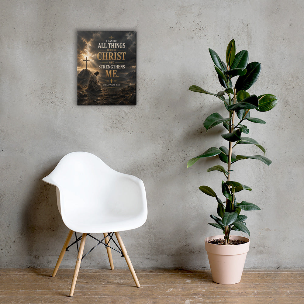 Through Christ Who Strengthens Me Christian wall art displayed large beside white chair and green plant