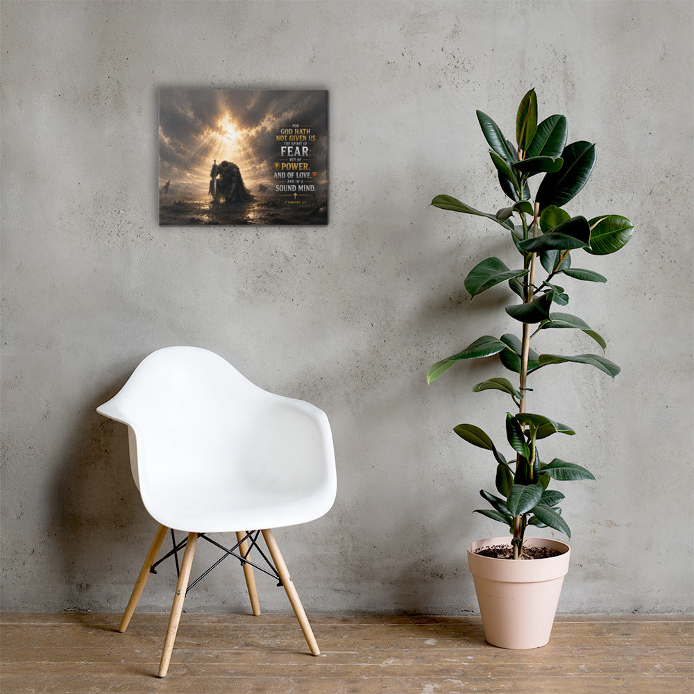 Christian courage wall art inspired by 2 Timothy 1:7 displayed beside white chair and plant