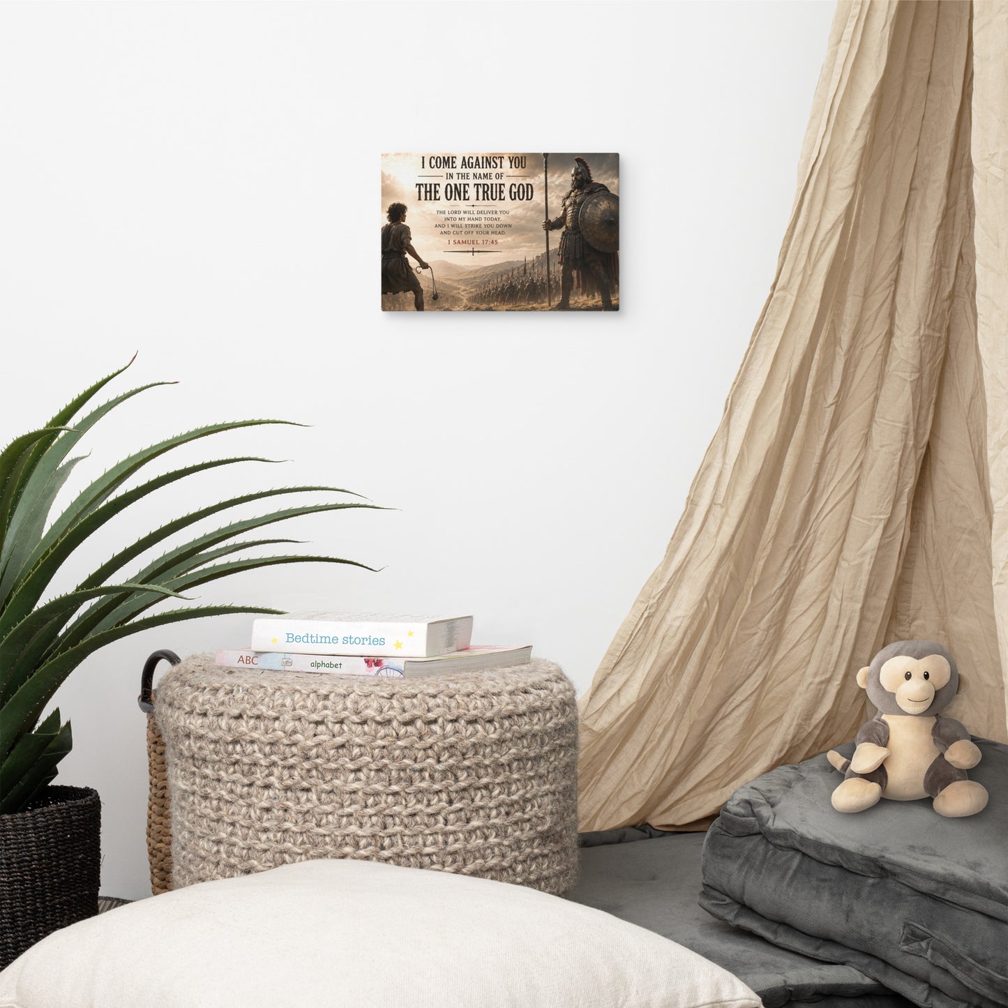 David and Goliath Christian battlefield canvas displayed above neutral bedroom decor