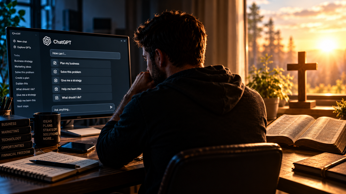 A man sits between a glowing AI computer screen and an open Bible beside a wooden cross, illustrating the Christian struggle between relying on artificial intelligence and putting God first.