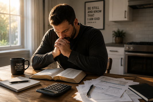 Christian man praying over an open Bible while reviewing finances at home