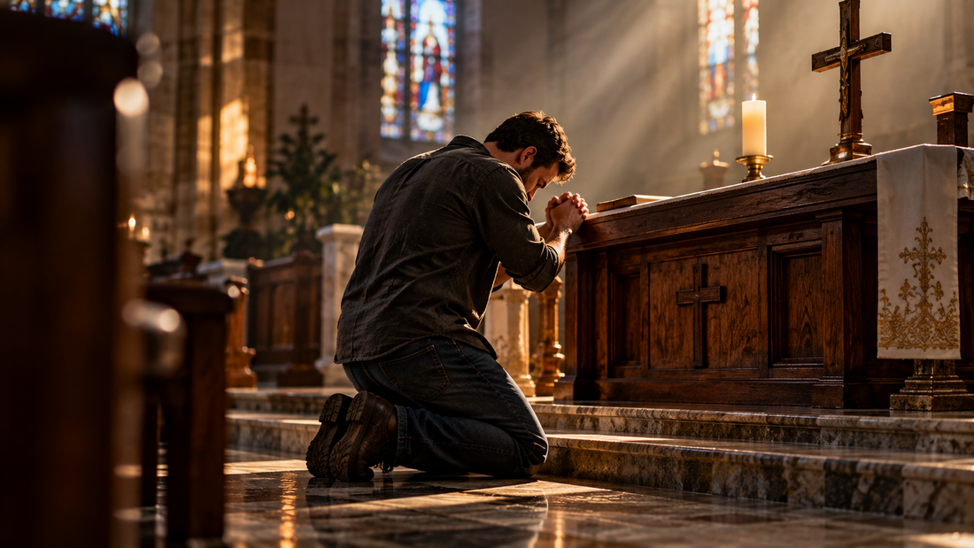 Man kneeling in prayer before a church altar and cross, representing putting God first and surrendering to Him.