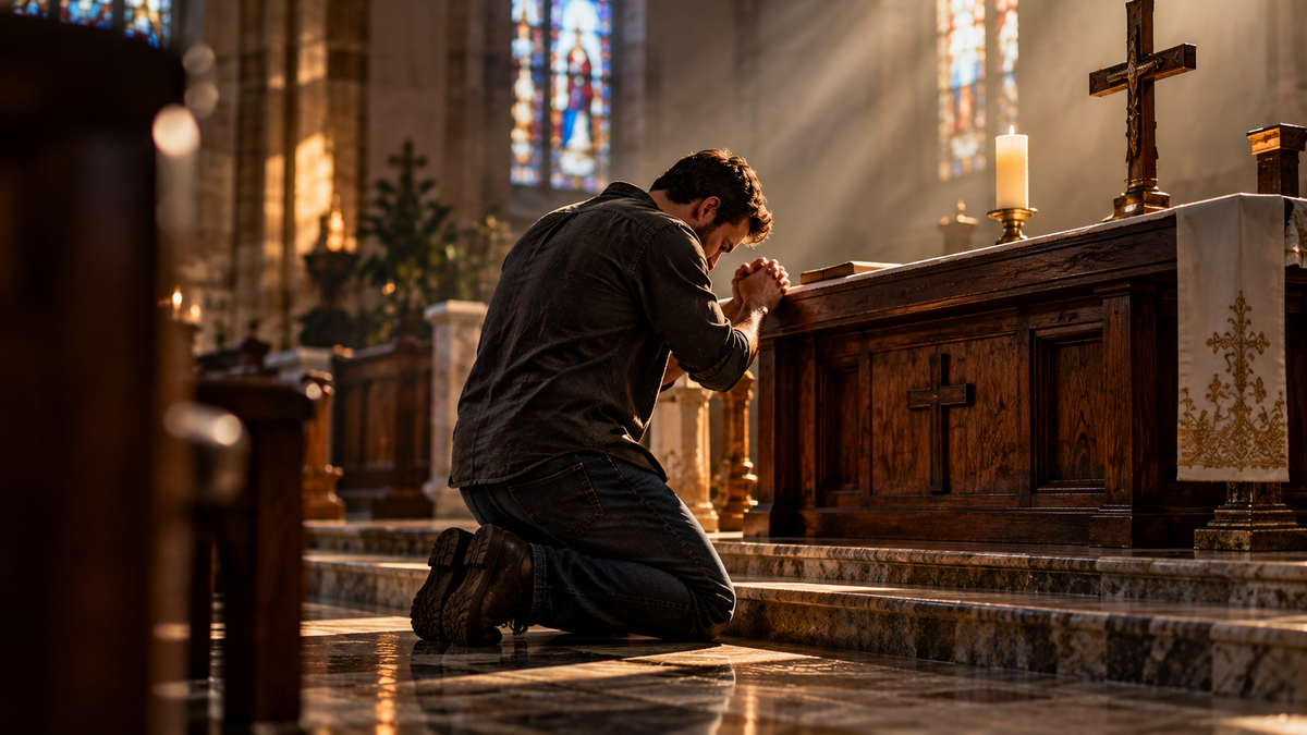 Man kneeling in prayer before a church altar and cross, representing putting God first and surrendering to Him.