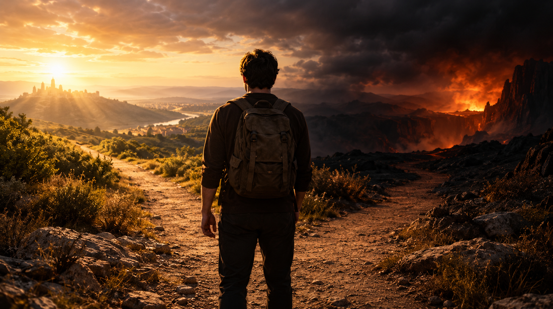 Man standing at a fork between a peaceful sunlit path and a dark fiery landscape, representing the Christian choice between repentance, salvation and judgement.