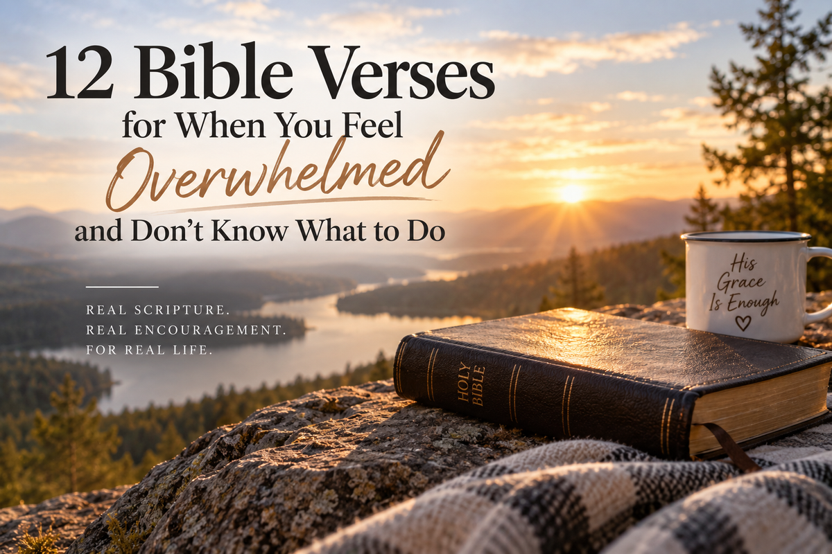 Holy Bible overlooking a mountain valley at sunset for 12 Bible verses about feeling overwhelmed and trusting God in difficult times.