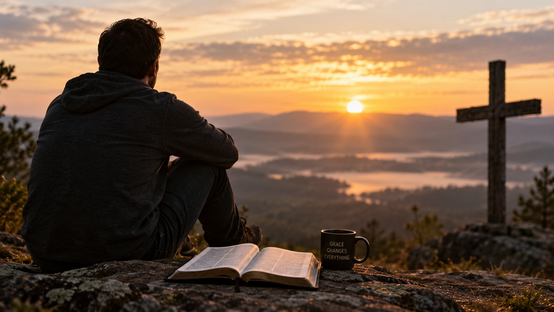 Man sitting beside an open Bible at sunrise overlooking a mountain valley and cross, reflecting on faith, sin and God's grace.