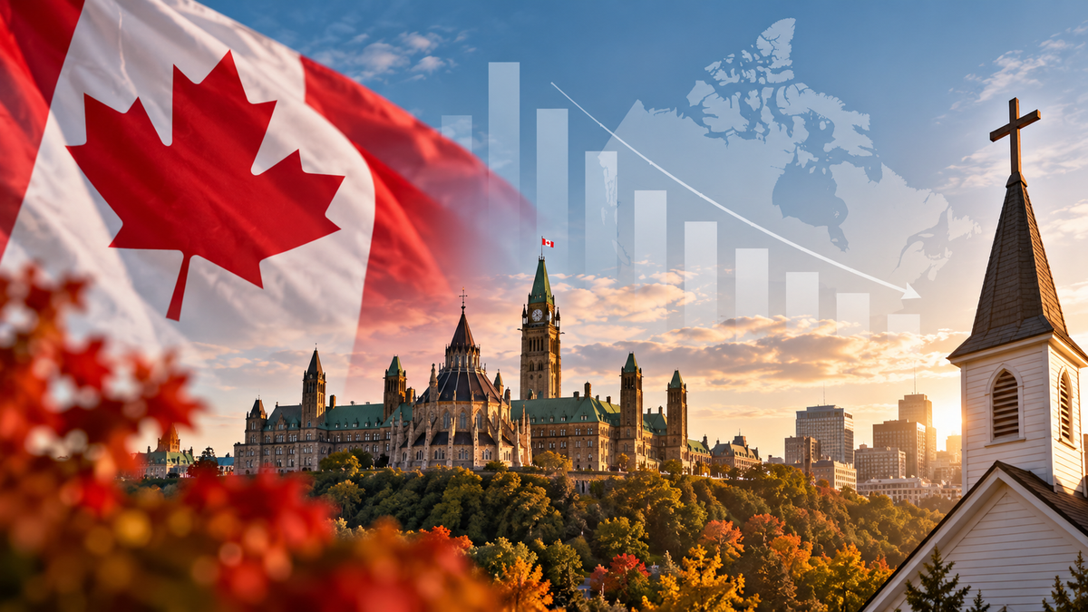 Canadian flag, Parliament buildings and church beneath a declining data chart, representing changing Christianity and religious trends in Canada.