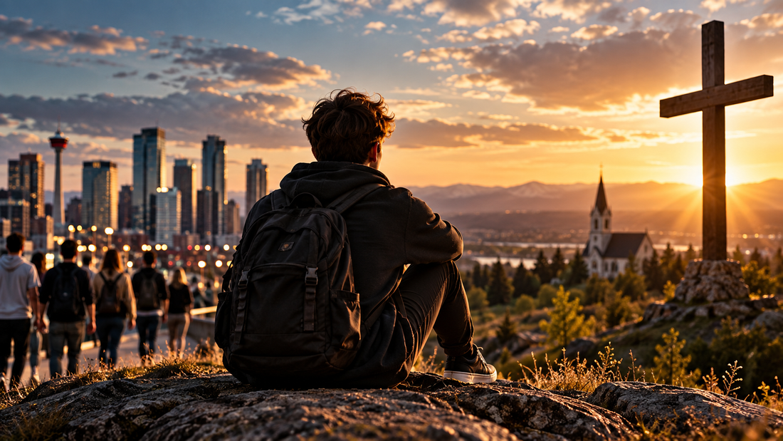 Young man overlooking a city, church and cross at sunset, representing young adults reflecting on Christianity, faith and religious change.