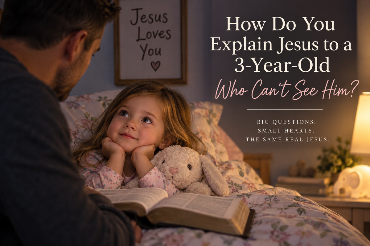Christian father reading the Bible with his young daughter at bedtime while teaching her about Jesus, prayer and faith.