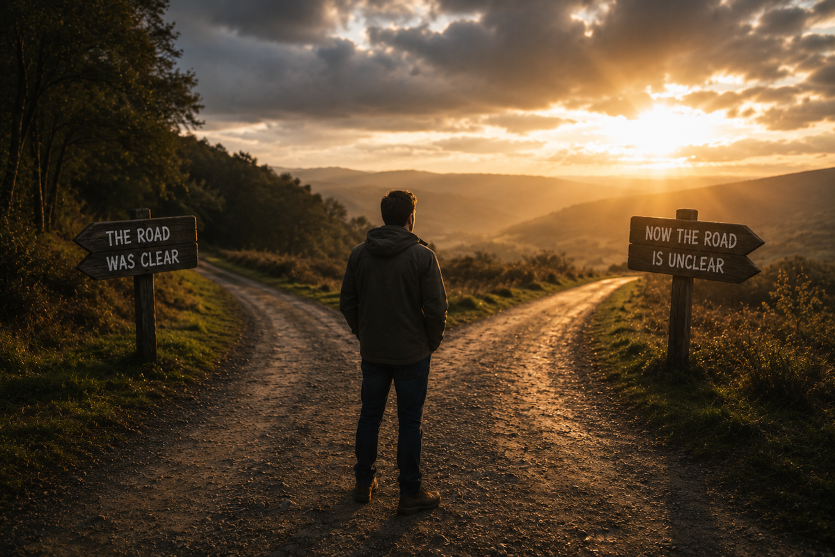 Christian man standing at a fork in the road, reflecting on faith and trusting God when the path forward feels unclear.