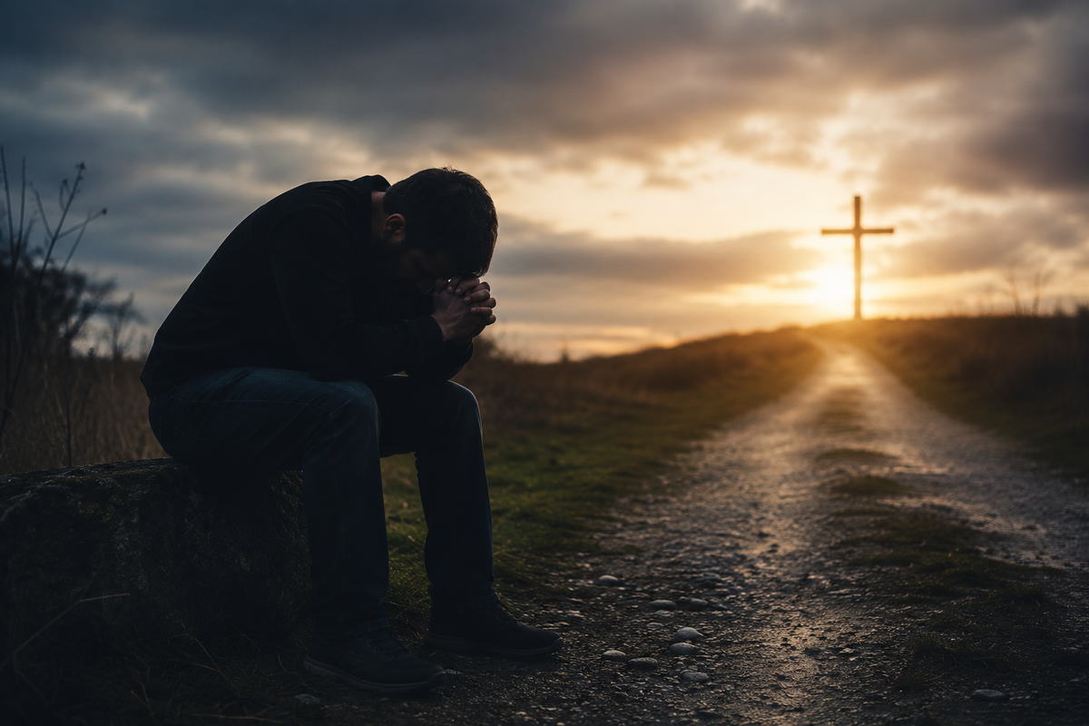 Christian man praying beside a road leading toward a cross, reflecting on repeated sin, forgiveness and returning to Jesus.