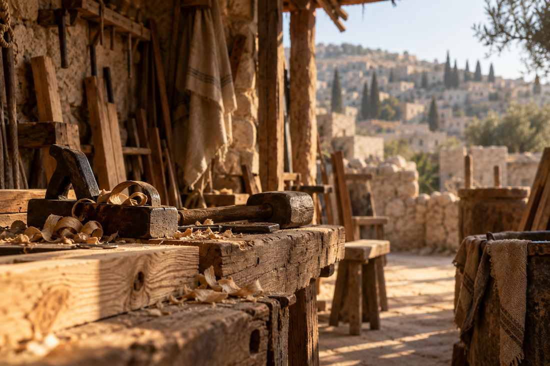 First-century carpenter's workshop with wooden tools and timber overlooking Nazareth, representing Jesus' years as a craftsman before His ministry.