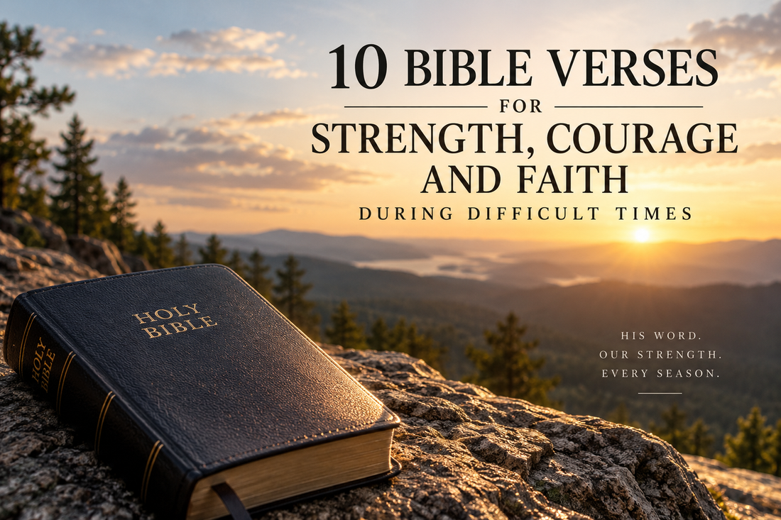 Holy Bible overlooking a mountain landscape at sunrise for 10 Bible verses about strength, courage and faith during difficult times