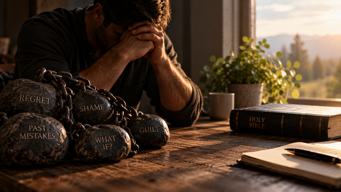 A man bows his head in prayer beside a Bible, surrounded by chained stones representing guilt, shame, regret, and past mistakes, symbolizing the struggle to accept God's forgiveness.