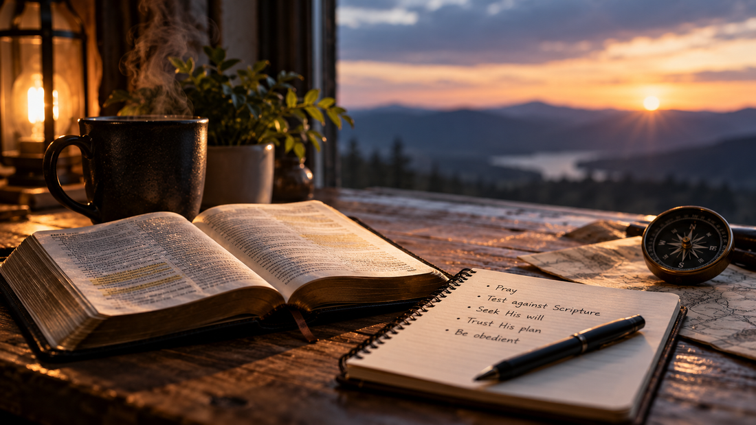Open Bible beside a handwritten prayer and discernment journal, pen, and compass, symbolizing how Christians seek God's guidance through Scripture, prayer, and obedience.