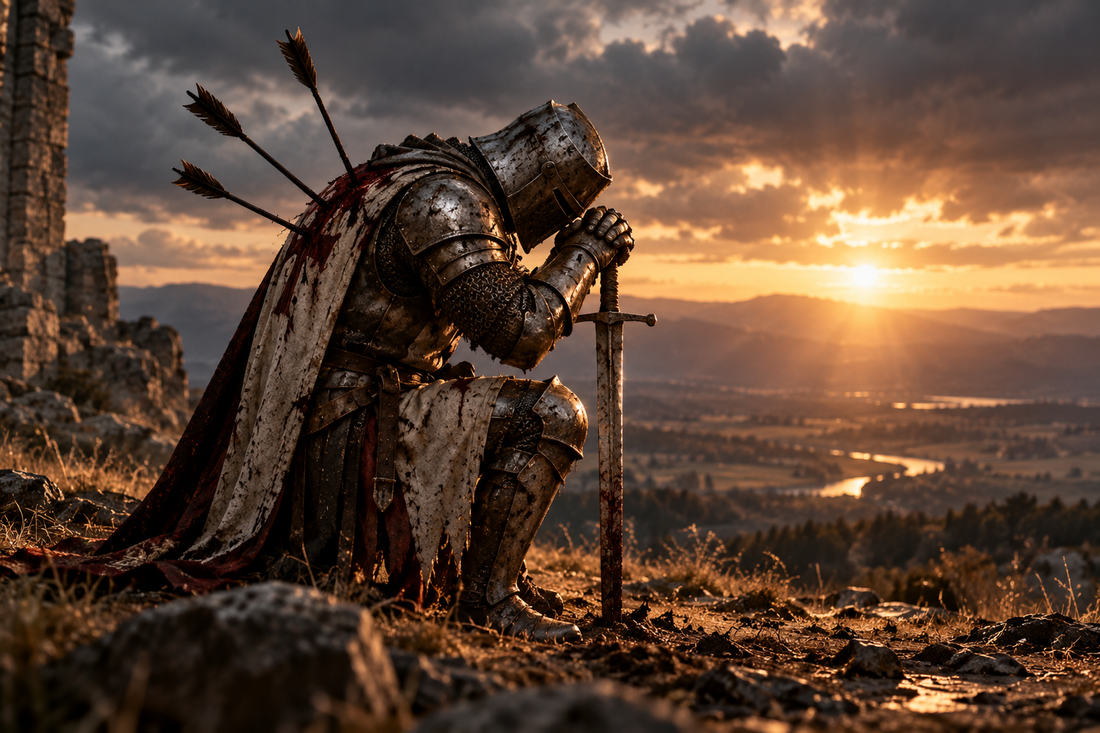 A wounded medieval knight wearing a steel helmet kneels in prayer over his sword, three arrows embedded in his back, symbolizing Christian faith, perseverance, and trusting God through suffering.
