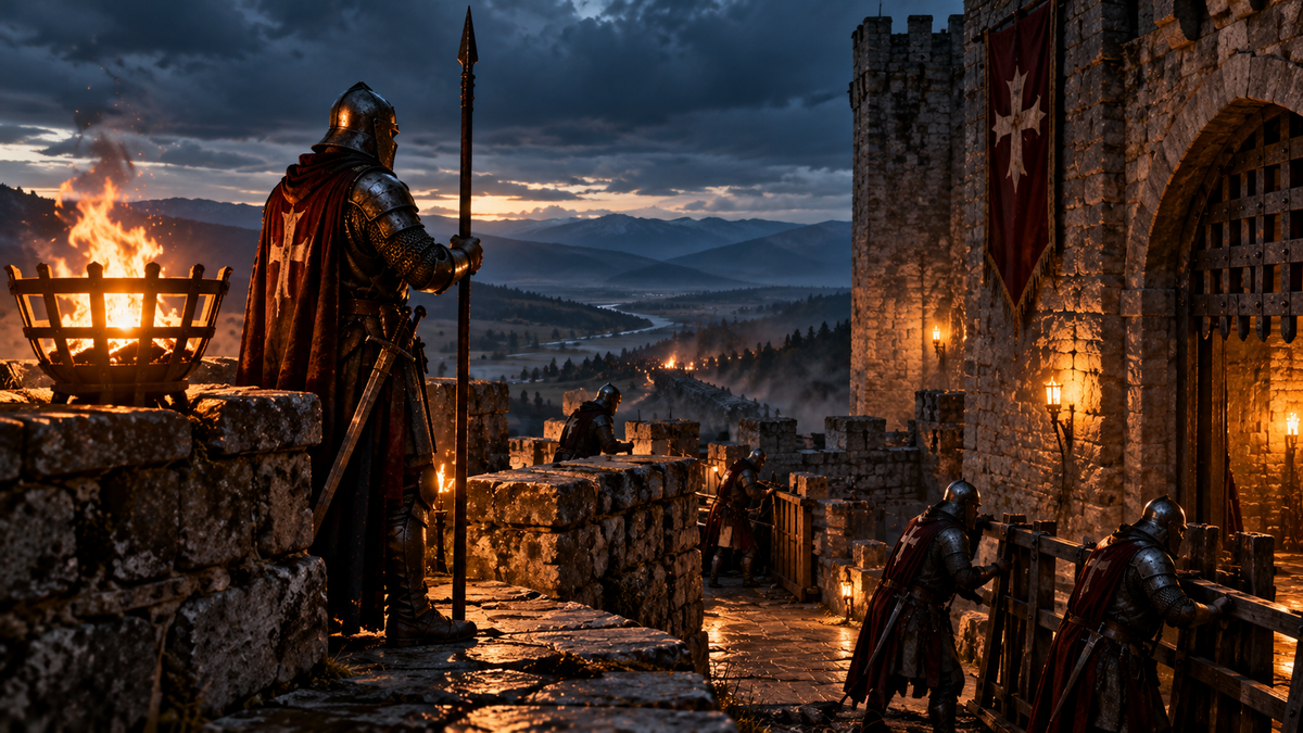 Armored Christian knight stands watch over a medieval fortress at dusk as guards prepare its defenses, symbolizing trusting God through prayer, preparation, and faithful action.