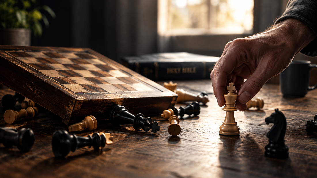 A hand carefully sets a fallen chess king upright beside an overturned chessboard and scattered pieces, symbolizing personal responsibility, hardship, faith, and rebuilding after difficult choices.