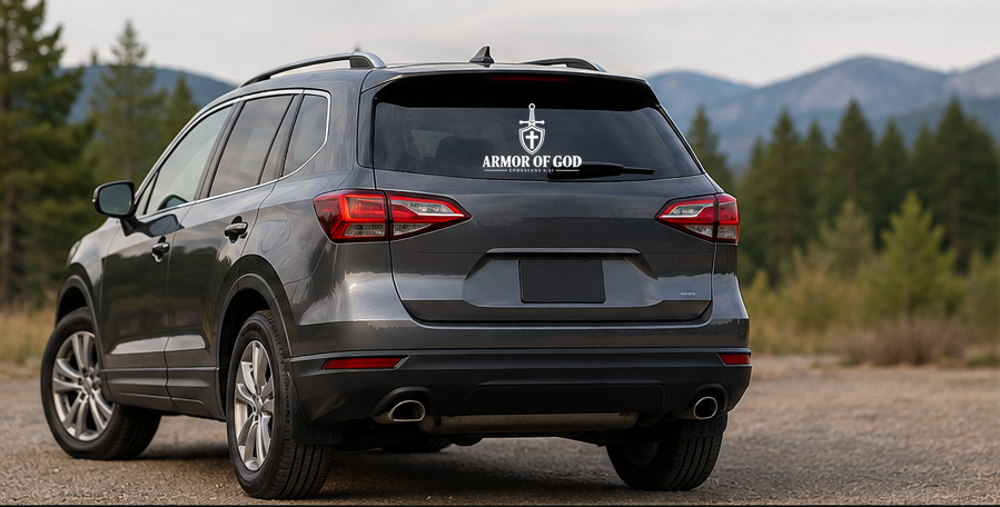 Armor of God Christian vinyl decal in white displayed on the rear window of a dark SUV, featuring a sword design and Ephesians 6:11.