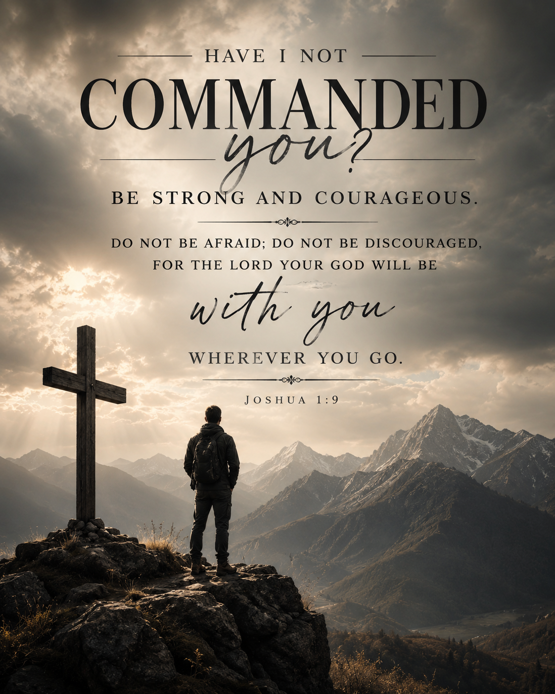 Joshua 1:9 Christian canvas wall art featuring Be Strong and Courageous Scripture with a man standing beside a cross overlooking a dramatic mountain landscape.