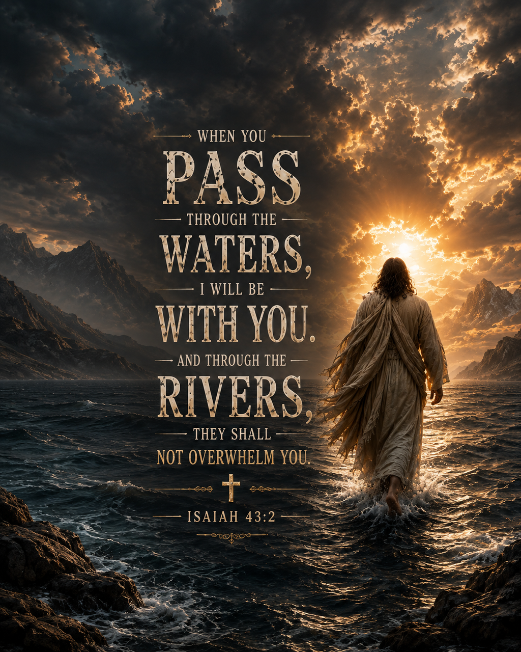 Isaiah 43:2 Christian canvas wall art featuring When You Pass Through the Waters Scripture with a robed figure walking through water toward a radiant sunset.