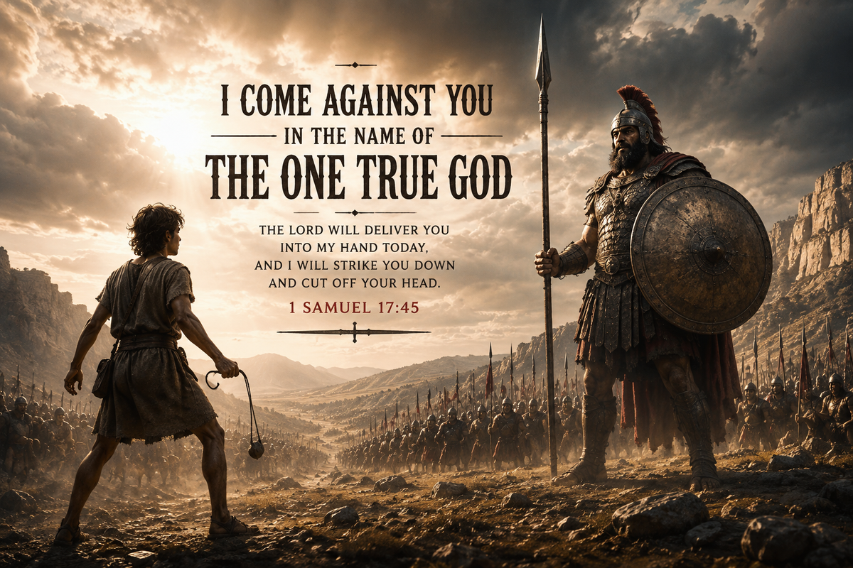 1 Samuel 17:45 Christian canvas wall art depicting David facing Goliath with Scripture declaring, “I come against you in the name of the Lord.”