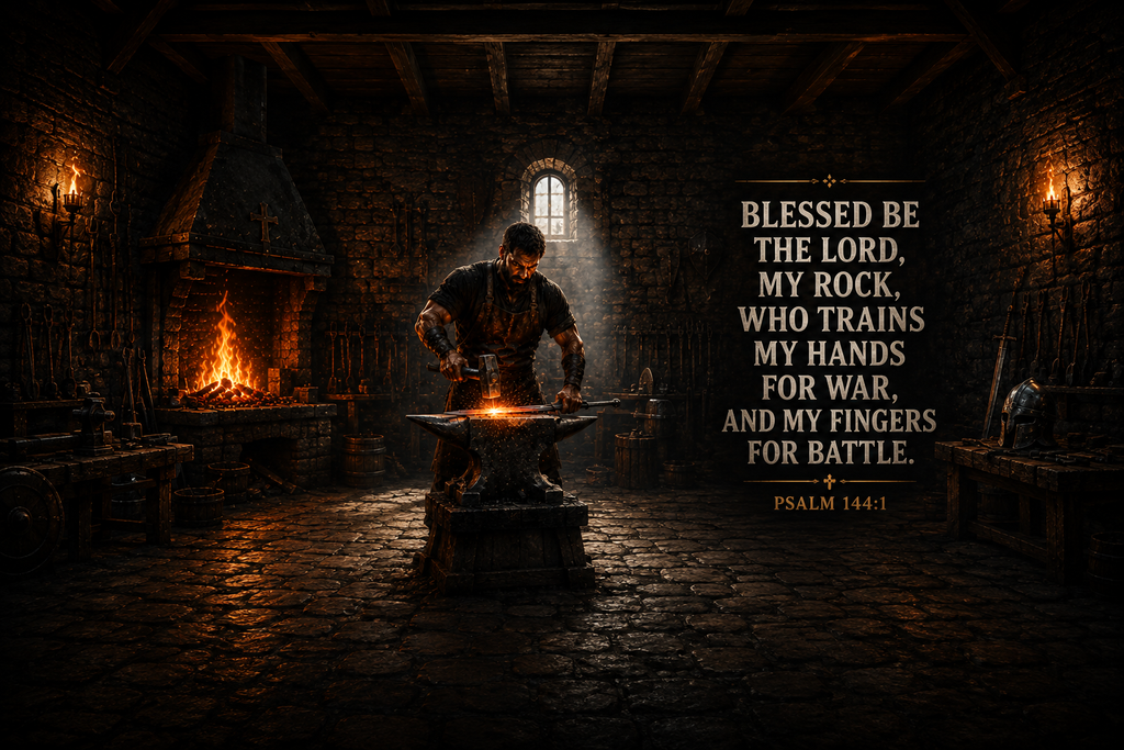 Psalm 144:1 Christian canvas wall art featuring Blessed Be the Lord My Rock Scripture with a blacksmith forging a weapon in a firelit workshop.