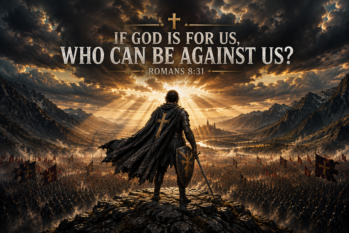 Romans 8:31 Christian canvas wall art featuring If God Is for Us Who Can Be Against Us Scripture with an armored warrior overlooking a vast battlefield beneath radiant storm clouds.