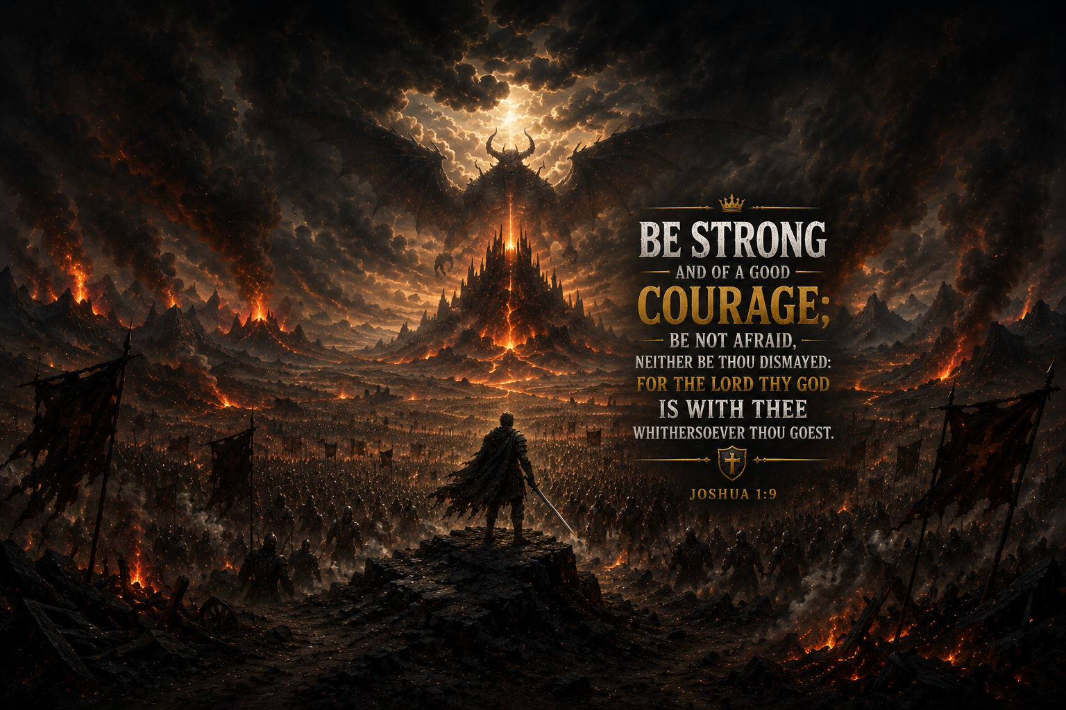 Joshua 1:9 Christian canvas wall art featuring Be Strong and of a Good Courage Scripture with a lone warrior facing a dramatic battlefield beneath stormy skies.