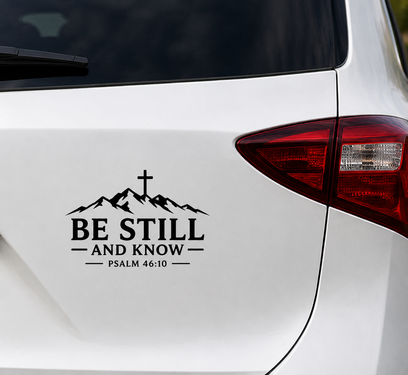 Black Be Still and Know Psalm 46:10 Christian vinyl decal on white vehicle
