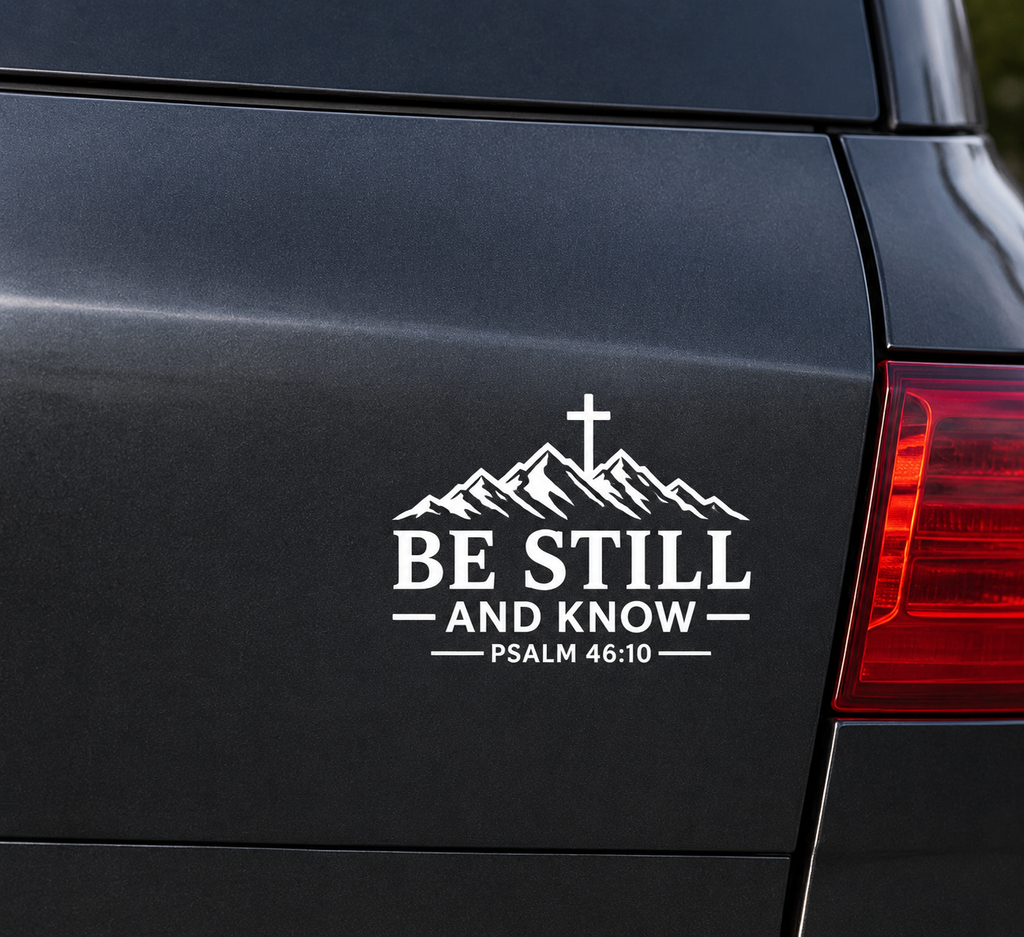 Be Still and Know Christian car decal displayed on dark vehicle body panel