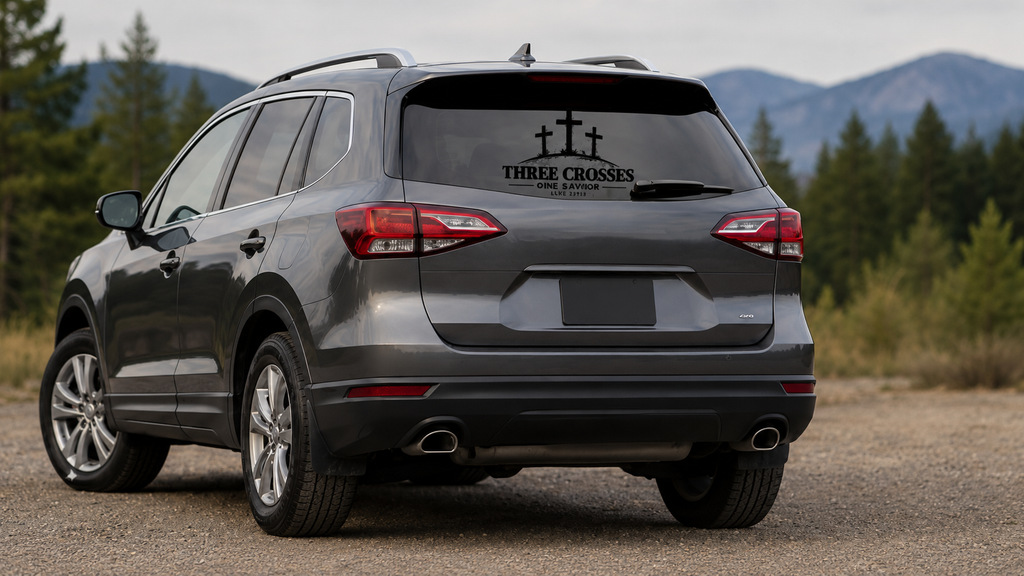 Three Crosses One Savior Christian vinyl decal displayed on the rear of a dark SUV outdoors with mountains in the background.
