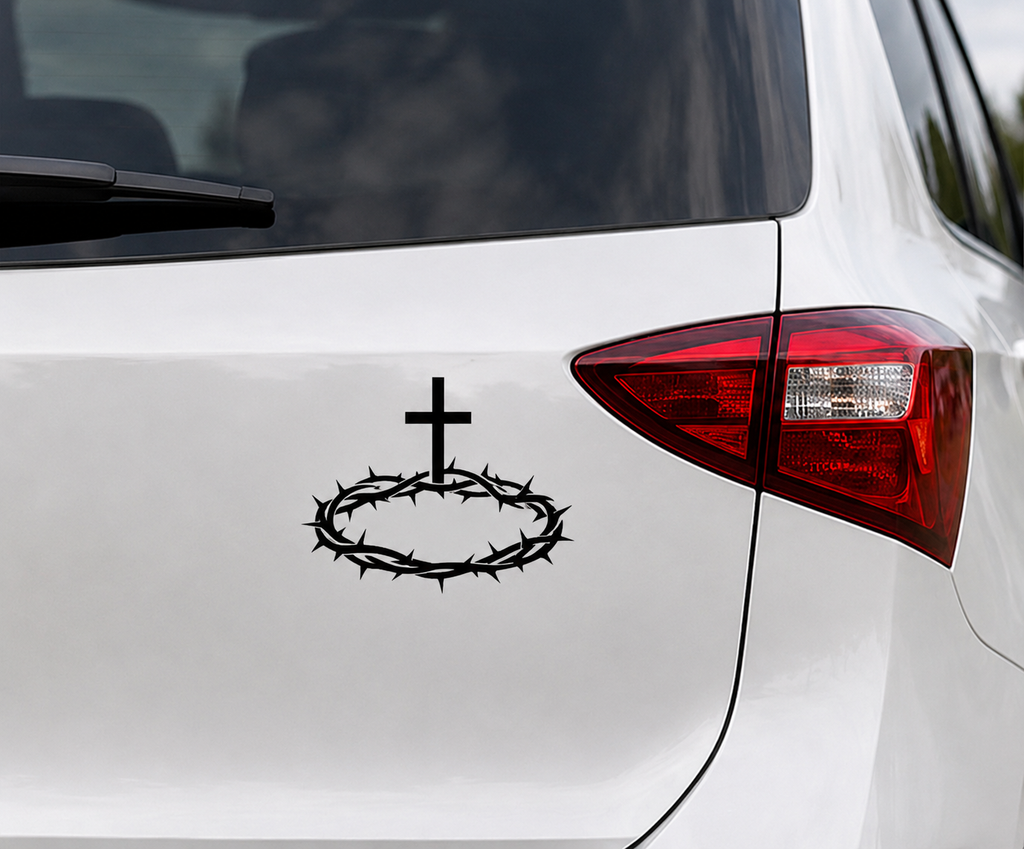 Black Crown of Thorns Christian vinyl decal with cross displayed on the rear panel of a white SUV.