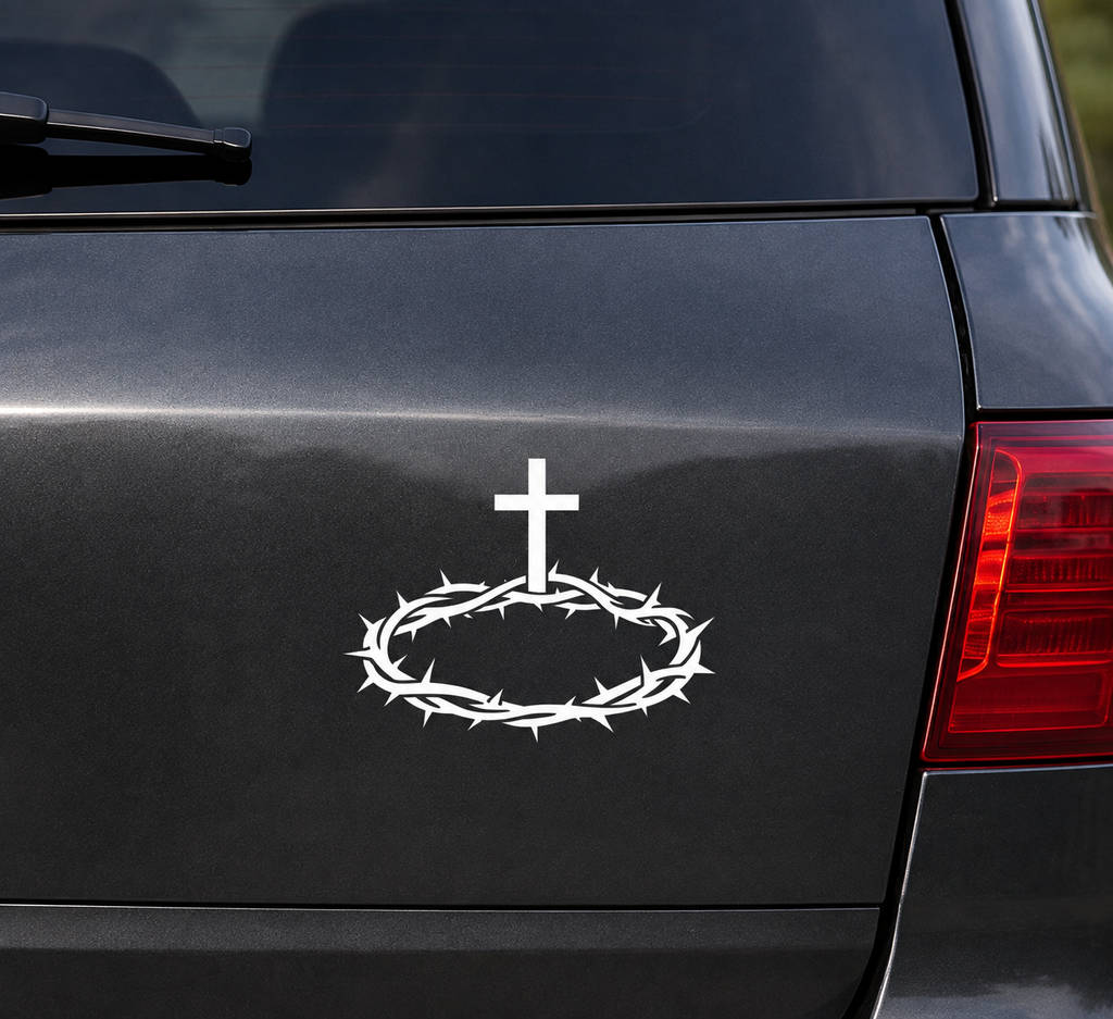White Crown of Thorns Christian vinyl decal with cross displayed on the rear panel of a dark grey SUV.