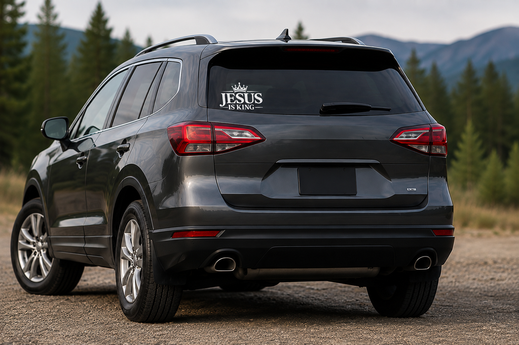 Jesus Is King Christian bumper decal shown on the rear of an SUV