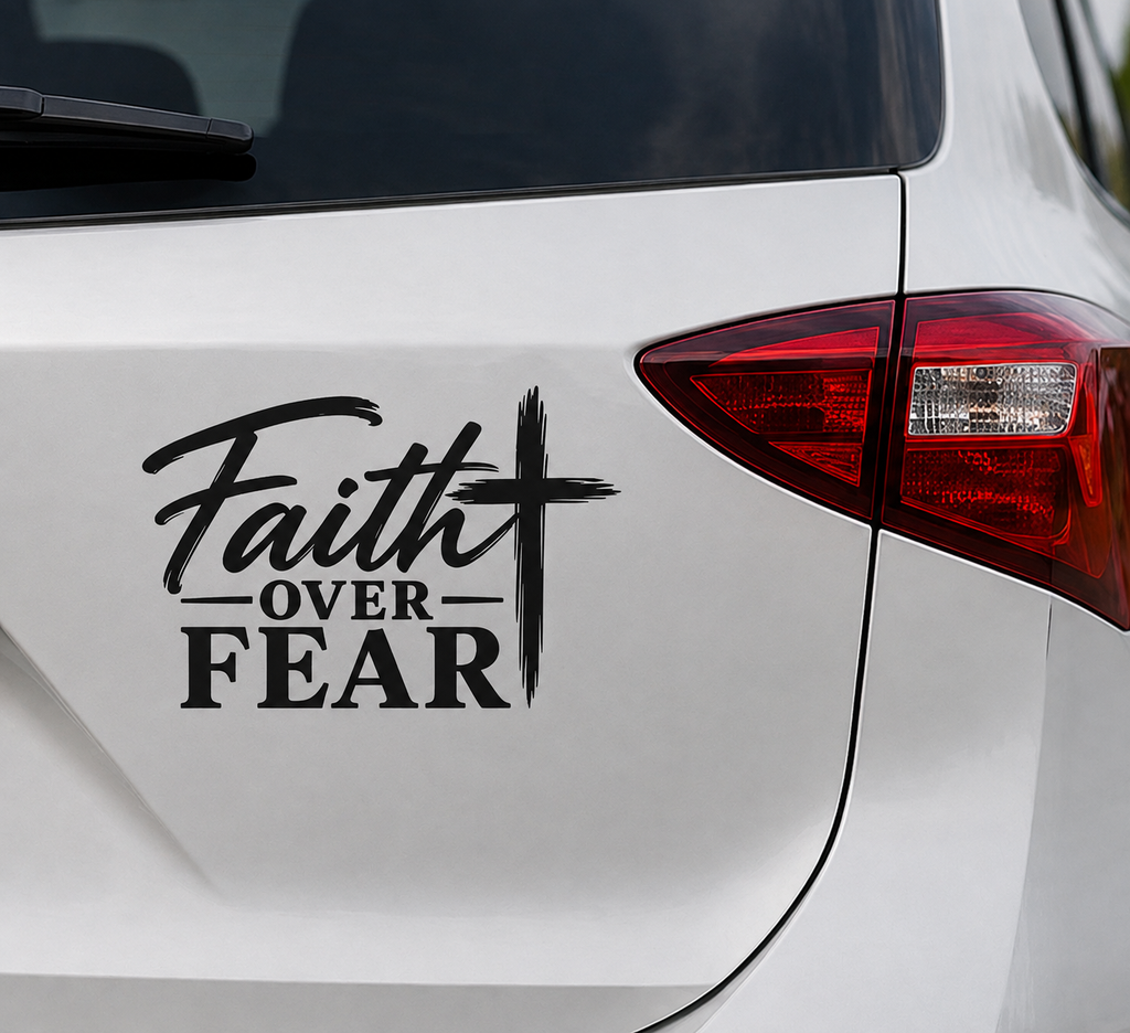 Black Faith Over Fear Christian vinyl decal applied to white vehicle body panel