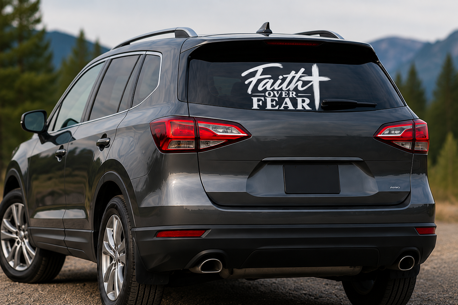 Faith Over Fear Christian vehicle decal displayed on SUV in outdoor mountain setting