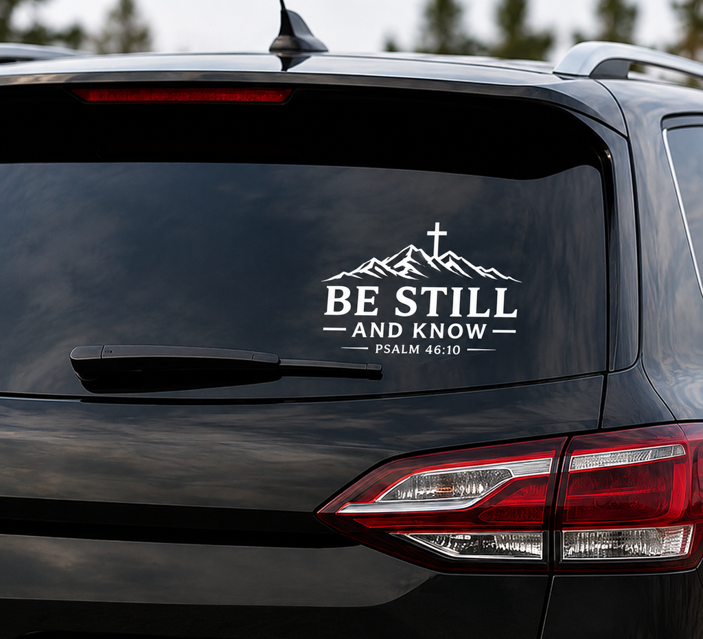 Be Still and Know Christian vinyl decal with mountain and cross design on vehicle rear window