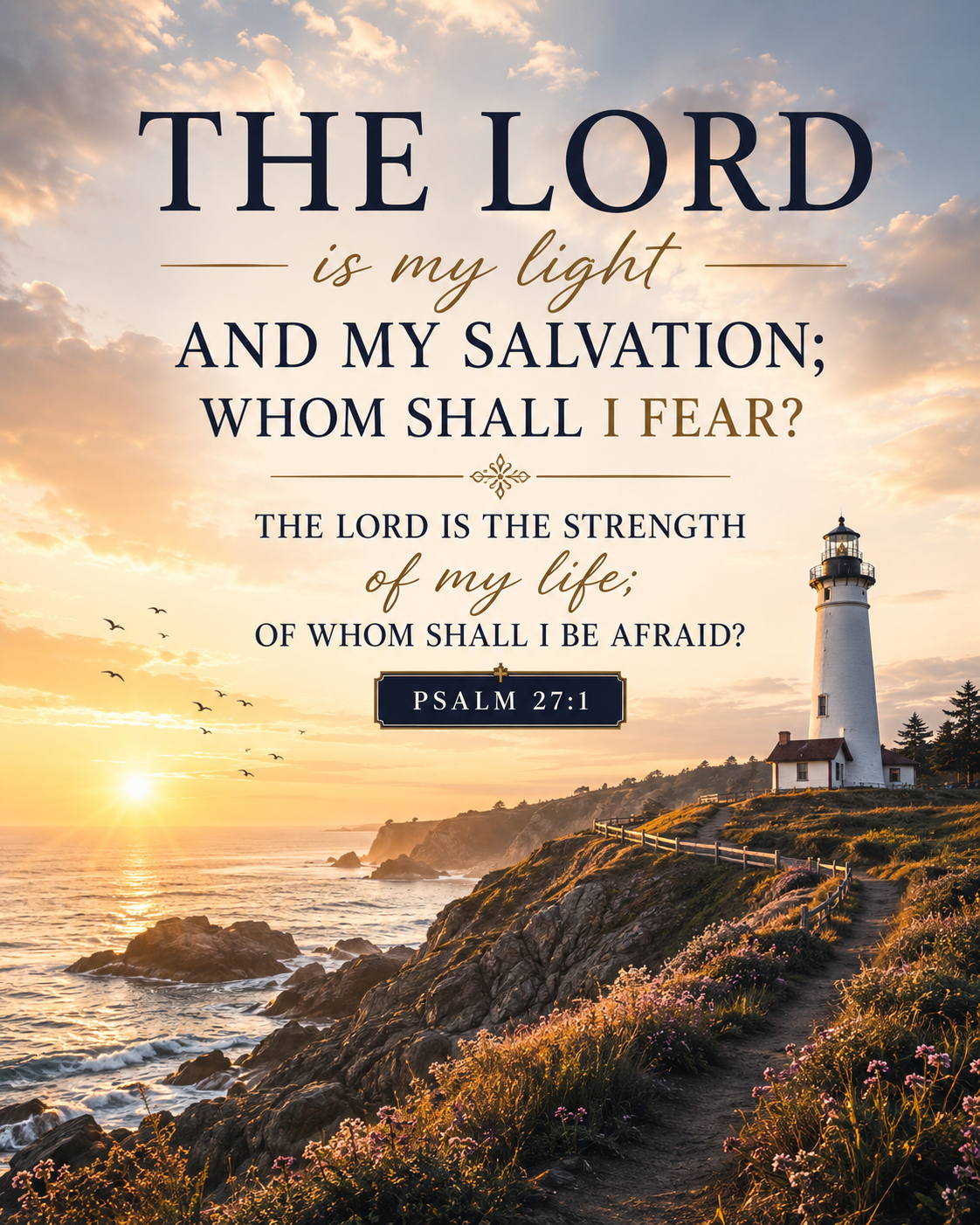 Psalm 27:1 Christian canvas wall art featuring Scripture about the Lord as light and salvation over a coastal lighthouse at sunset.