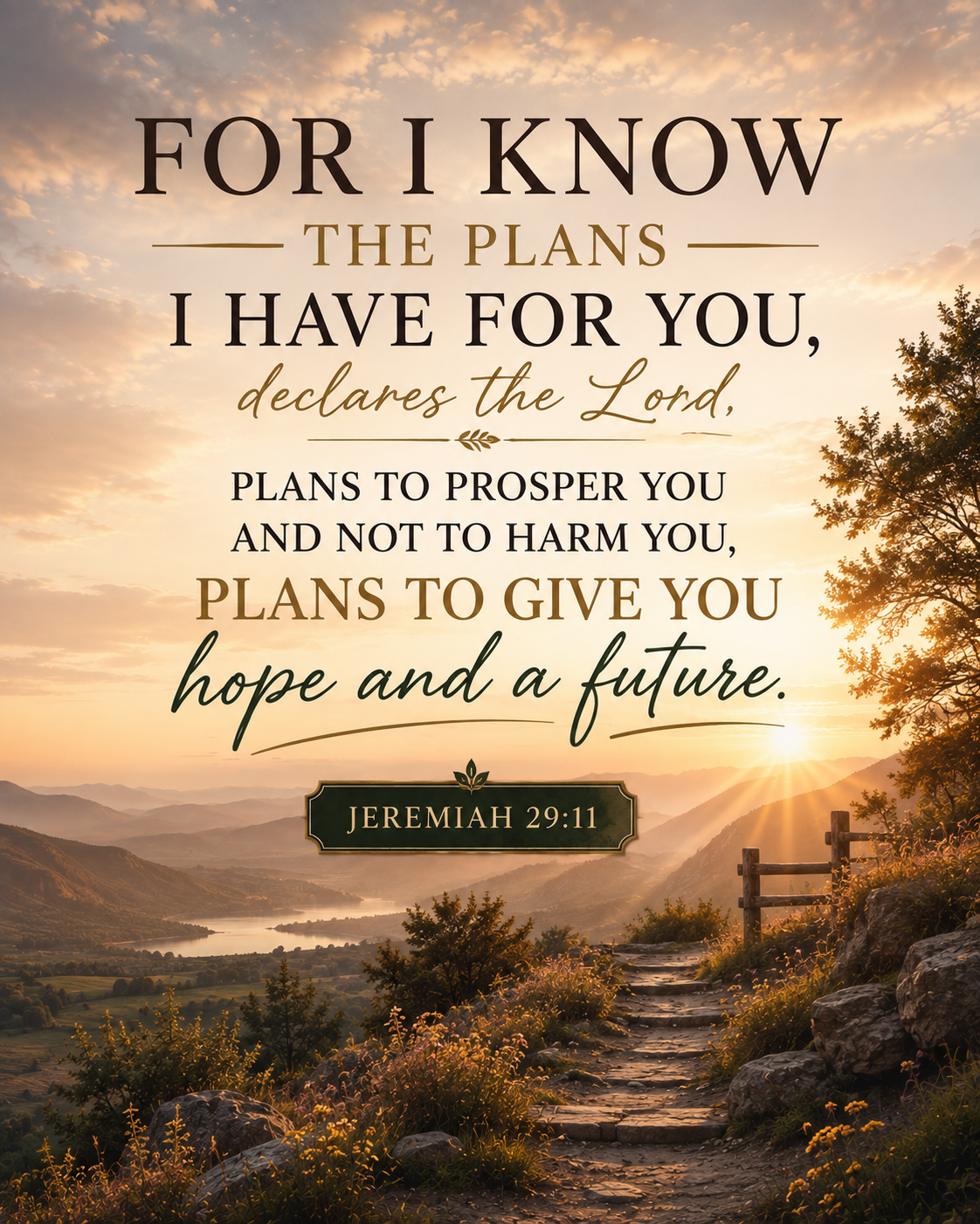 Jeremiah 29:11 Christian canvas wall art featuring Scripture about hope and a future over a peaceful mountain path at sunset.