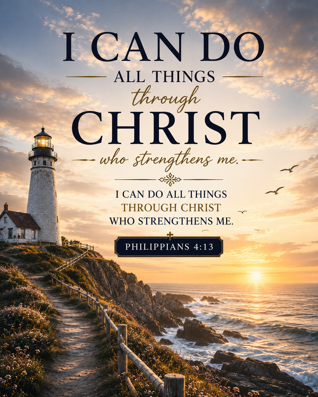 Philippians 4:13 Christian canvas wall art featuring I Can Do All Things Through Christ Who Strengthens Me Scripture over a coastal lighthouse at sunset.