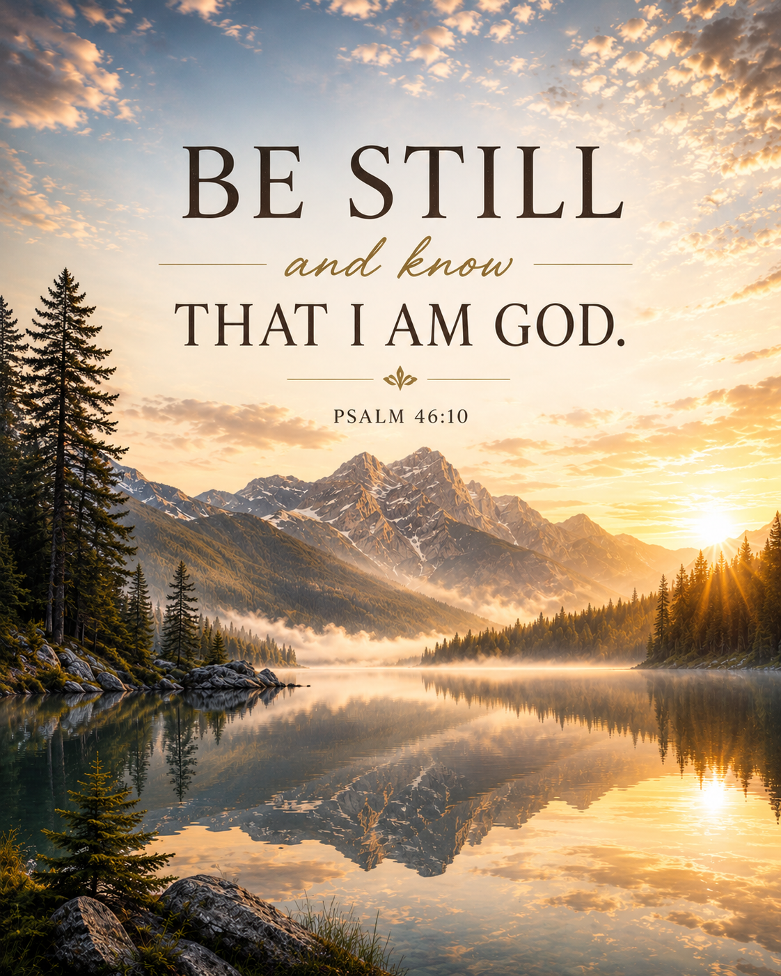 Be Still and Know Christian canvas wall art featuring Psalm 46:10 over a peaceful mountain lake and sunrise landscape.