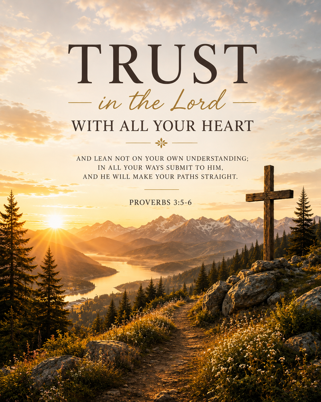 Proverbs 3:5-6 Christian canvas wall art featuring Trust in the Lord Scripture with a wooden cross overlooking a mountain valley at sunset.