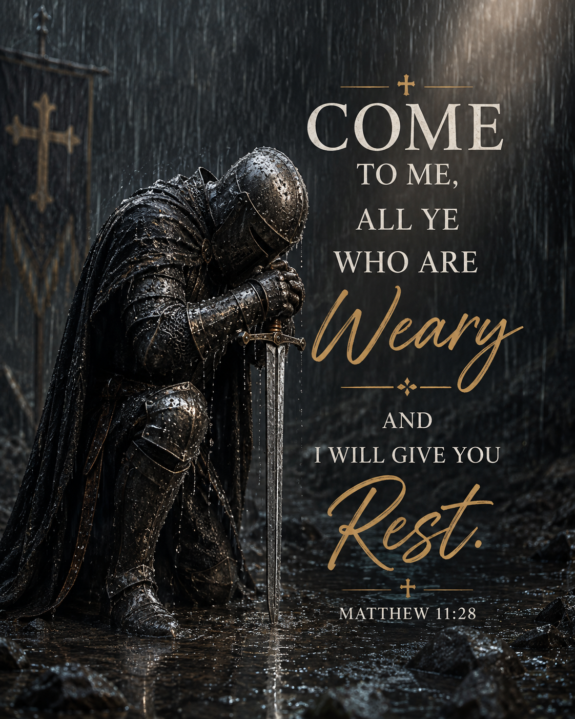 Come to Me Christian canvas wall art featuring Matthew 11:28 with a kneeling armored knight in the rain and Scripture typography.