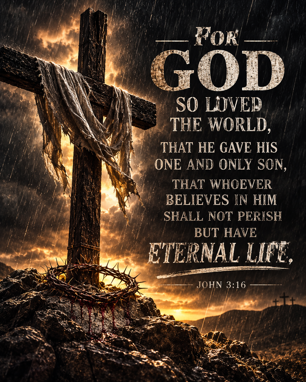John 3:16 Christian canvas wall art featuring a wooden cross, crown of thorns and Scripture about God's love and eternal life.