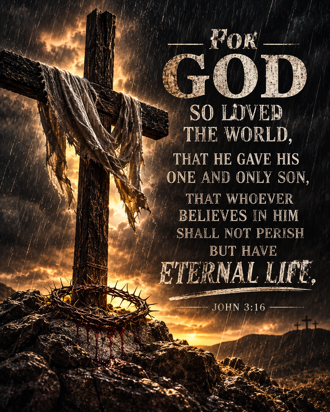 John 3:16 Christian canvas wall art featuring a wooden cross, crown of thorns and Scripture about God's love and eternal life.