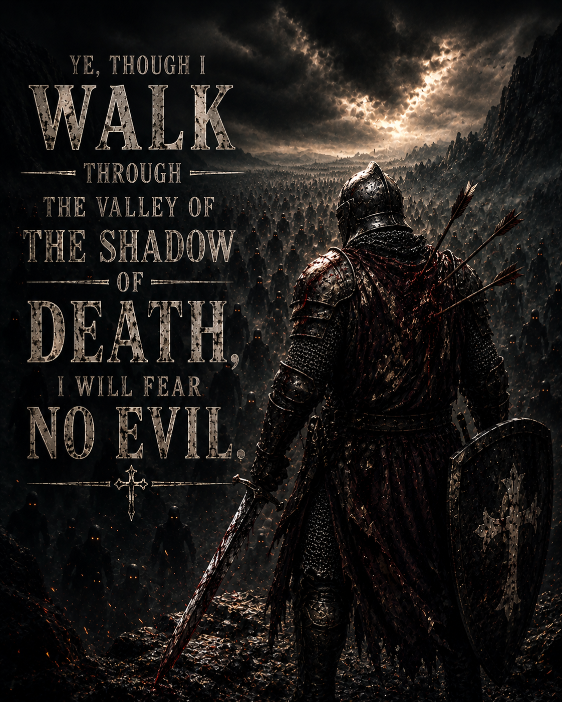 Psalm 23:4 Christian canvas wall art featuring an armored knight walking through the valley of the shadow of death beneath a stormy sky.