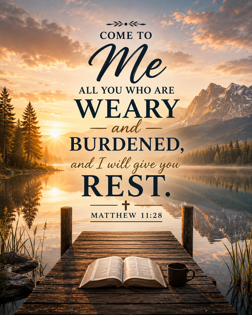 Come to Me Christian canvas wall art featuring Matthew 11:28 over a peaceful mountain lake at sunset with an open Bible.