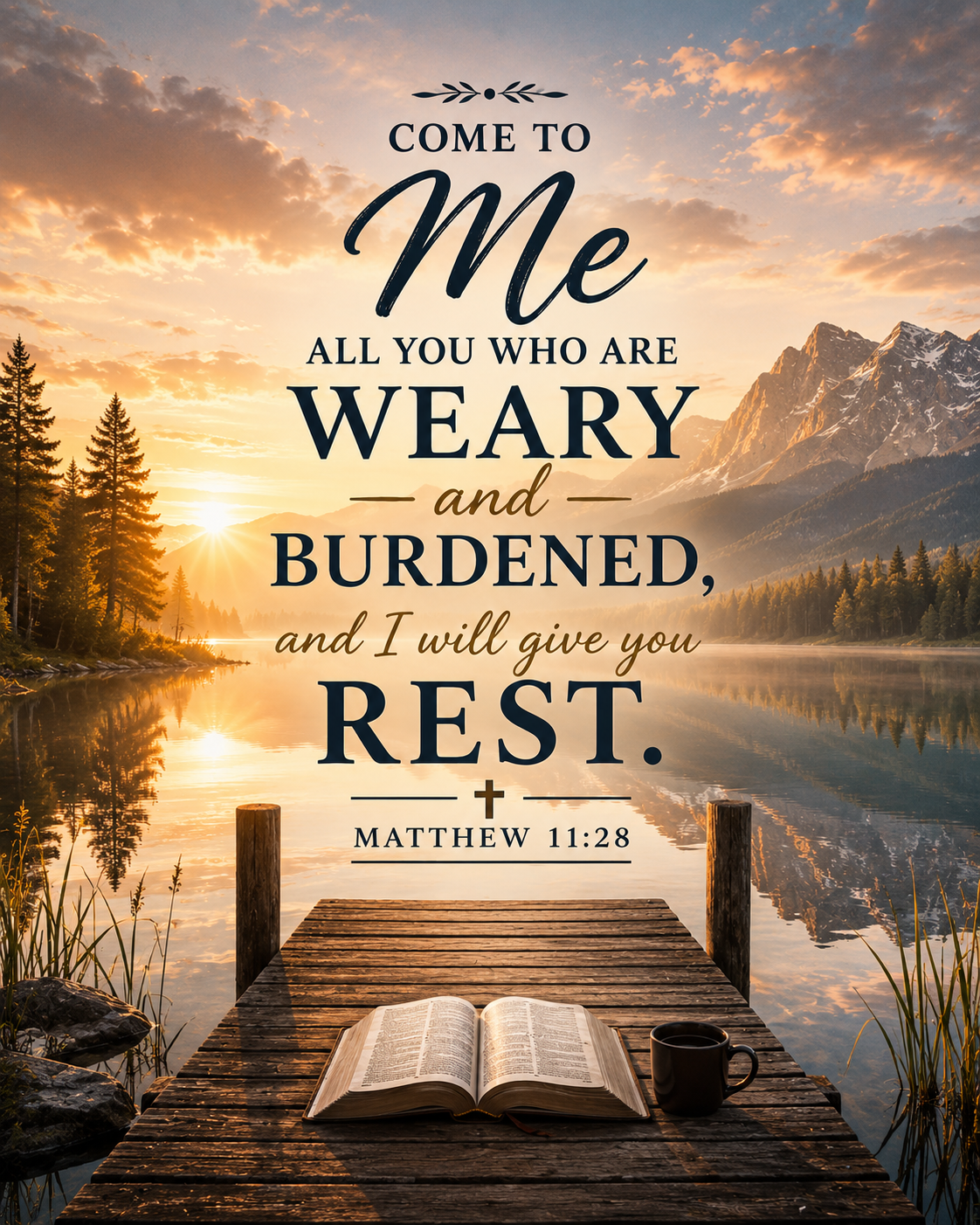 Come to Me Christian canvas wall art featuring Matthew 11:28 over a peaceful mountain lake at sunset with an open Bible.