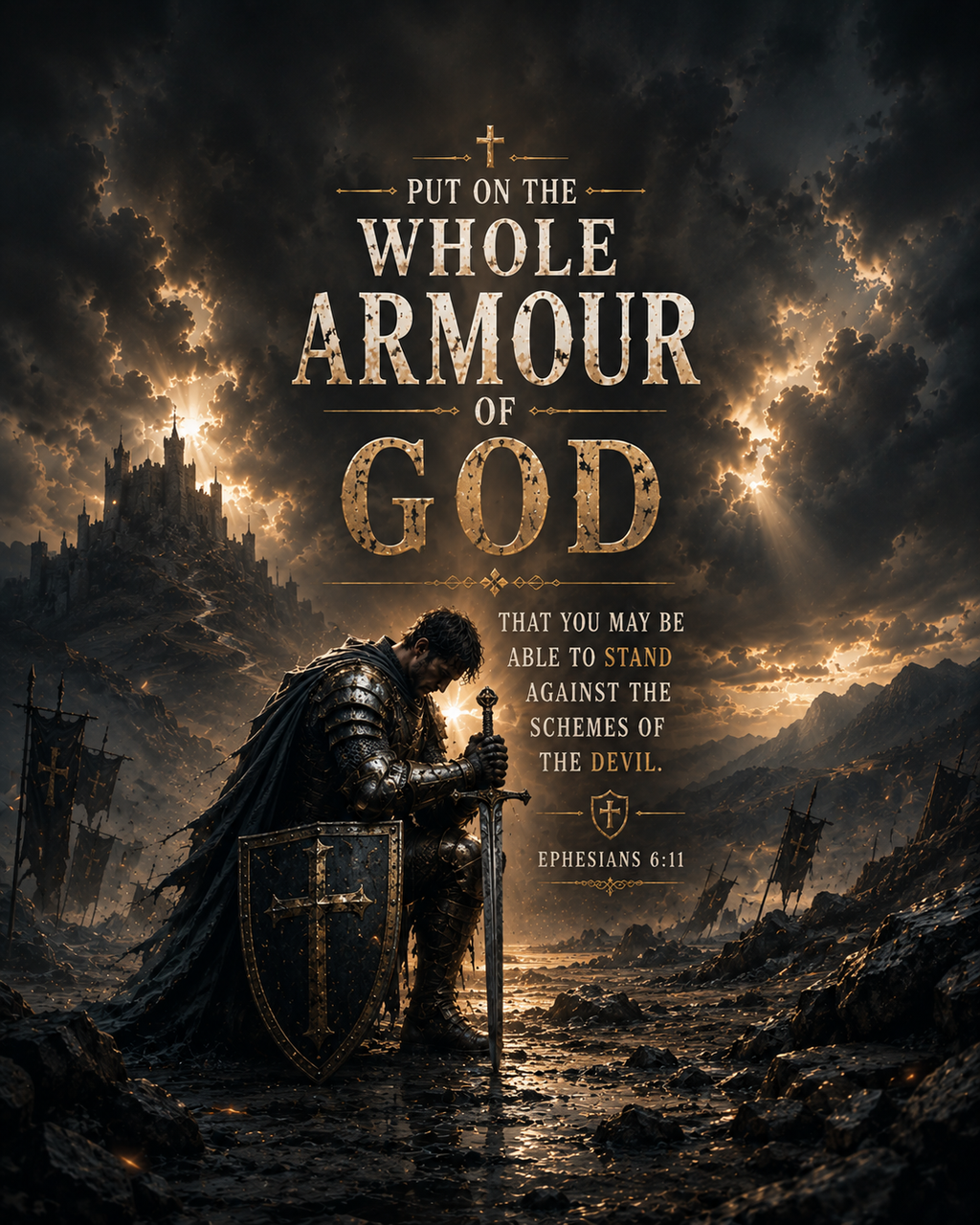 Ephesians 6:11 Christian canvas wall art featuring the Whole Armor of God Scripture with an armored warrior kneeling on a dramatic battlefield.